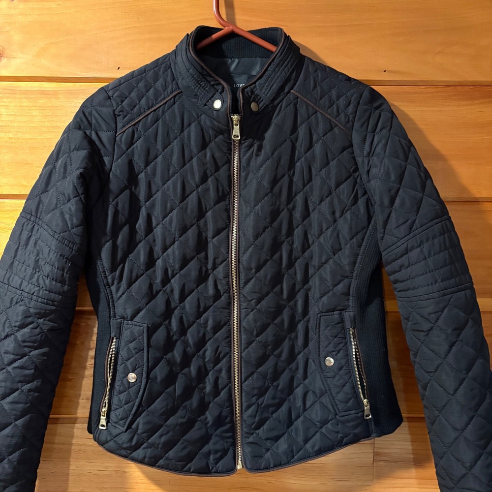 Love Tree Womens Black Quilted Moto Jacket Full Zip Mock Neck Size M 8846JS